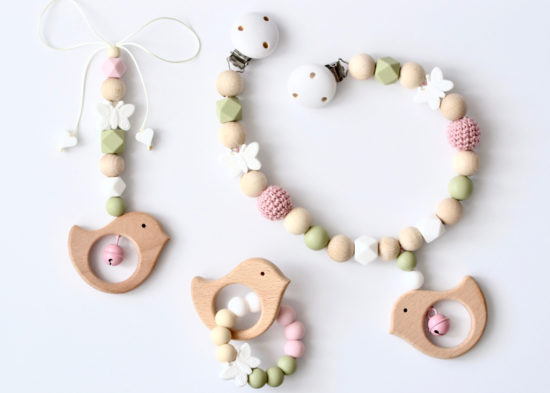 3er Set "Vogel"  Kinderwagenkette, Maxi Cosi Anhänger und Beißring
