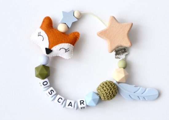 Schnullerkette mit Namen " Fuchs" in orange-olive-blau – Bild 2