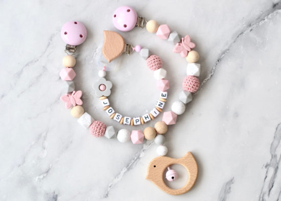 2er Set "Vogel" Kinderwagenkette und Schnullerkette in rosa-grau