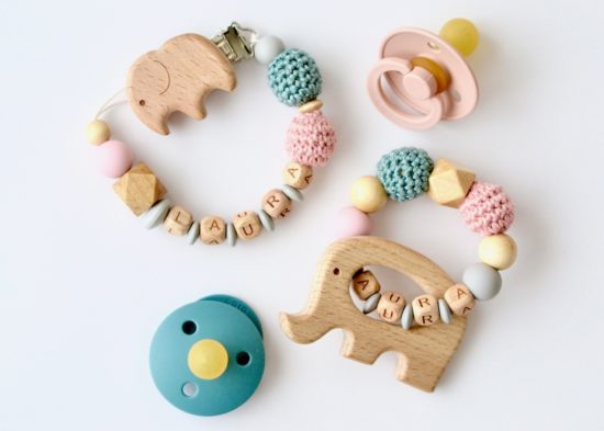 2er Set "Elefant" aus Schnullerkette und Beißring personalisiert