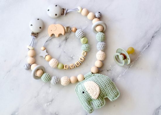 2er Set Kinderwagenkette "Elefant" gehäkelt und Schnullerkette